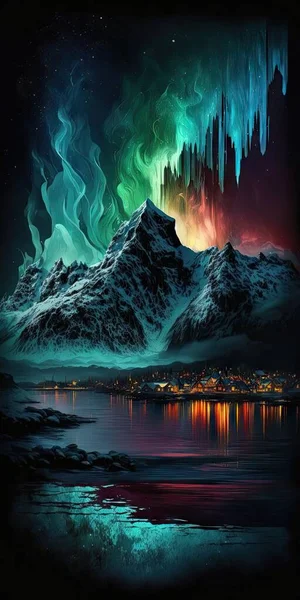 northern lights over the sea snowy mountains and city illustration design art..