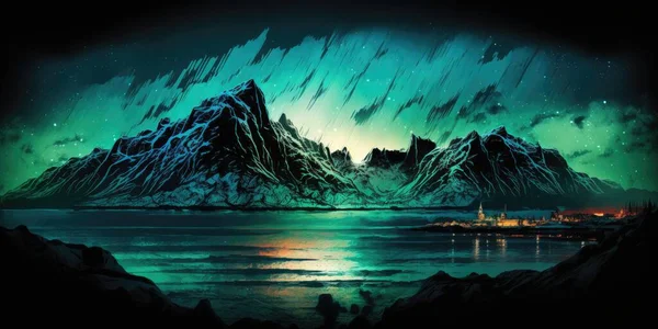 northern lights over the sea snowy mountains and city illustration design art..