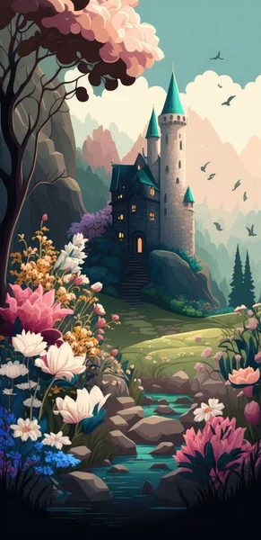 fairy tale landscape with many flowers des illustration design art.