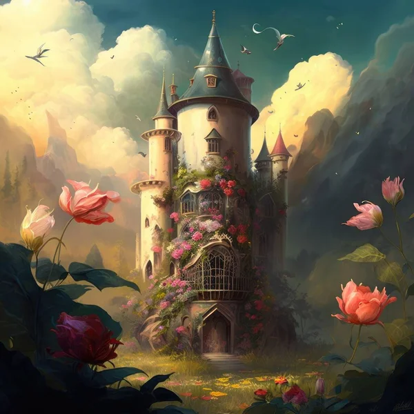 fantasy garden castle with many flowers roses and cloud illustration design art.