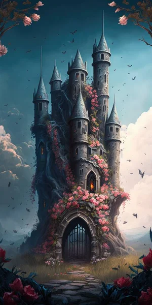 fantasy garden castle with many flowers roses and cloud illustration design art.