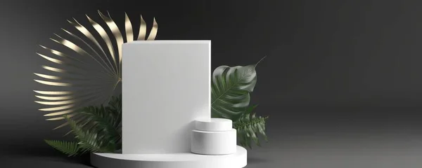 Minimal white podium display for cosmetic product presentation.