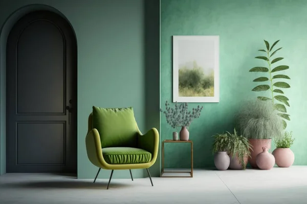 Modern livingroom with clean wall and green armchair next to it, free space for copy, soft color.
