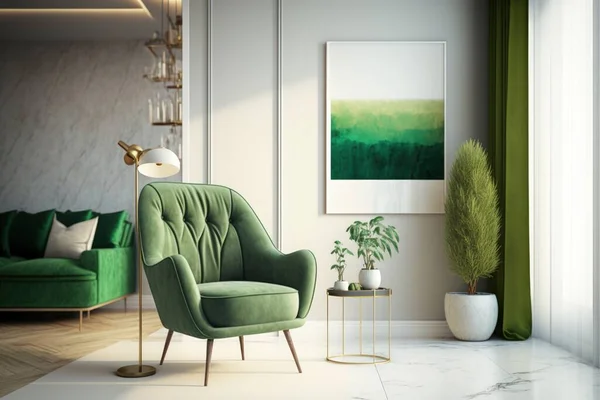 Modern livingroom with clean wall and green armchair next to it, free space for copy, soft color.