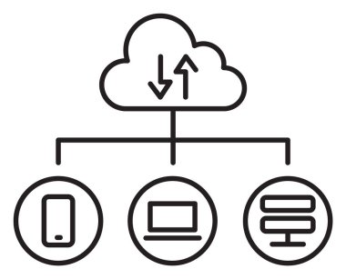 Proje yönetimi telefonu, dizüstü bilgisayar, sunucu, oklar, bulut depolama vektör illüstrasyonu.