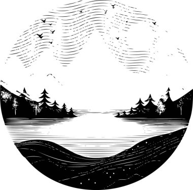 Resimli bir manzaranın büyüleyici, dairesel bir çizimi, detaylı vuruşlarında doğanın güzelliğini gösteriyor..