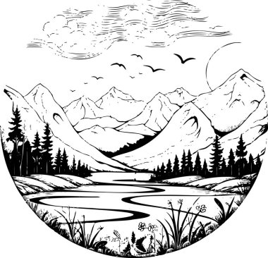 Çemberde sakin, nefes kesici, canlı renklerde bir manzara çizimi, bizi doğanın manzaralı ihtişamını kucaklamaya davet ediyor..