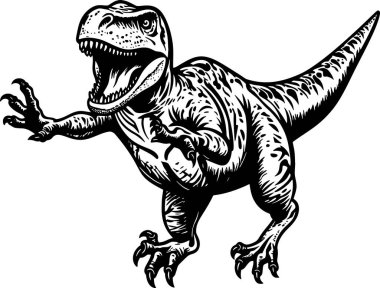 Siyah ve beyaz çizgi film dinozoru sevinçle kükrer, mutluluk saçar ve tezahürat yapar..