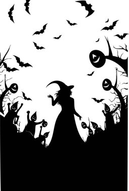 Şeffaf bir arkaplanda tüyler ürpertici bir karikatürün basit siyah beyaz silueti..