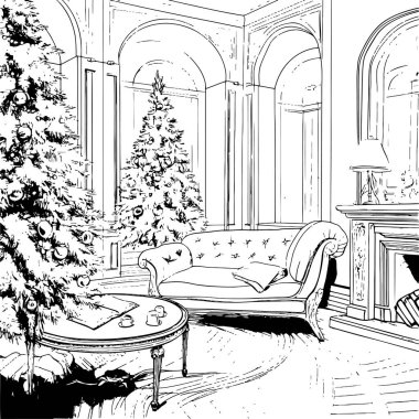 Noel ağacı süslerle ve hediyelerle süslenmiş, minimalist siyah ve beyaz vektör çizimleriyle süslenmiş..