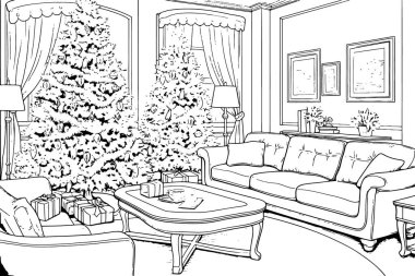 Şeffaf bir arkaplan üzerine kurulmuş, siyah beyaz çizgi sanatının yer aldığı bir Noel içinin minimalist vektör çizimi.