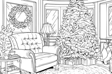 Şeffaf bir arka planda, Noel süsleriyle Noel 'in içini tasvir eden minimalist bir siyah beyaz vektör çizimi..