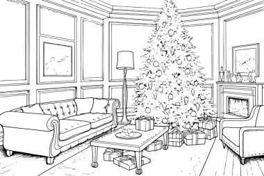 Bayram sezonunun esansını yakalayan, neşeli bir Noel 'in minimalist siyah-beyaz çizimi..