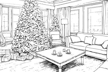 Minimalist siyah-beyaz çizgili, samimi bir Noel iç dekorasyonunun, festival süslemelerinin ve tatil ruhunun çizimi..