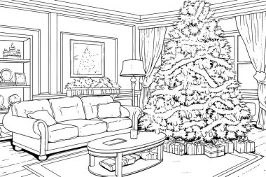 Siyah-beyaz bir vektör çizgisi sanat görüntüsü olan festival dekorasyonlarıyla Noel iç mimarisi şeffaf bir arkaplana sahiptir..