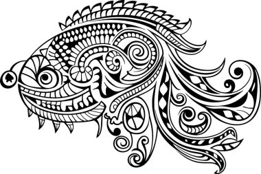 Basit, cesur hatları ve renkli renkleri olan, boyama kitabı resmine benzeyen bebek dostu balık çizimi.