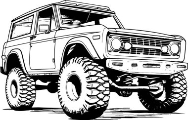 Şeffaf bir arkaplan üzerinde siyah beyaz bir off-road aracının el çizimi vektör çizimi.