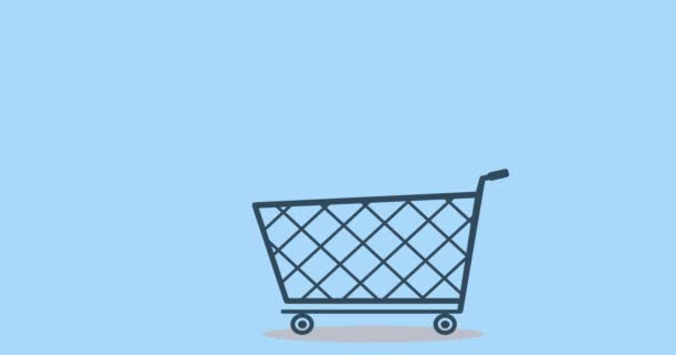 ショッピングバッグ圧延とショッピングカート 青の背景にトロリーに落ちるショッピングバッグ ビジネス スーパーマーケット オンラインストアのために 店やショッピングシンボル — ストック動画