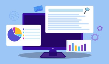 Düz vektör tasarımı istatistiksel ve veri analizi iş finans yatırım konsepti için mavi arka planda bilgisayar monitörü ile. Üst görünüm