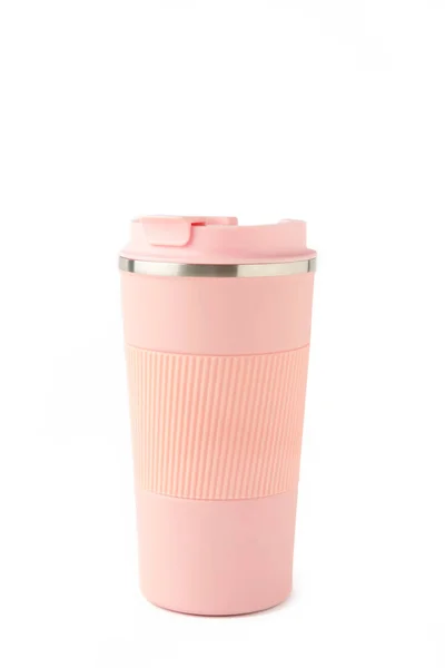 Pink Thermo Mug Isolated White Background Top View — Stock Photo, Image