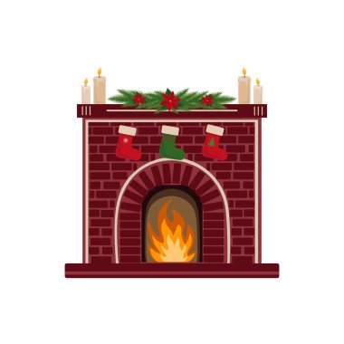 Beyaz arka planda izole edilmiş Noel şöminesinin vektör çizimi. Noel süslemeleri, çorapları ve mumları olan bir şömine. Üst görünüm