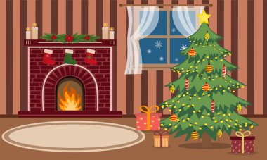 Noel ve Yeni Yıl oturma odası çam ağacı, şömine ve çelenk dekorasyonu tatil, ev içi düz vektör çizimi. Üst görünüm