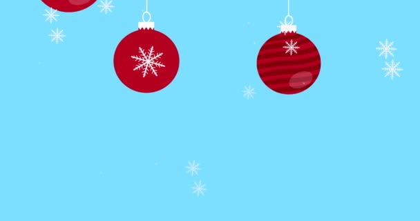 Czerwona Świąteczna Piłka Animowana Płatkami Śniegu Niebieskim Tle — Wideo stockowe