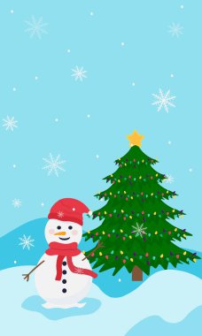 Kırmızı şapkalı ve eşarplı şirin bir kardan adam köknar ağacının yanında duruyor. Mavi arkaplanda kar eşliğinde kış vektör çizimi. Üst görünüm