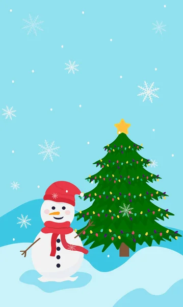 Cute Cartoon Snowman Red Hat Scarf Stands Fir Tree Winter — Stock Vector