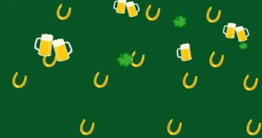 Saint patricks day animation with pattern elements , 4k video animated. Glasses of beer, horseshoe and clover on green background.