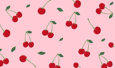 Seamless of cherry fruit with green leaves on pink background vector illustration. Cute cartoon fruit pattern, flat design for fashion print. Top view