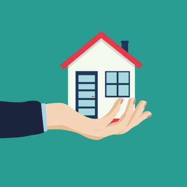 Hand holding house on mint background. Vector illustration. House for sale
