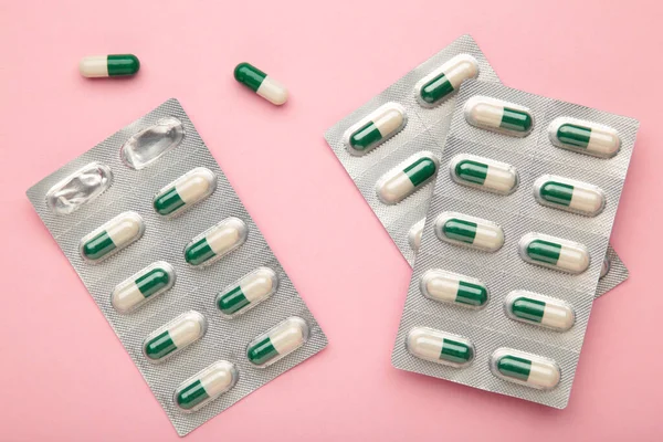 Medical Blister Packs Pills Pink Background Top View — Stock Fotó