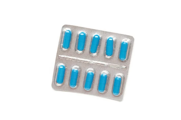 Pastillas Cápsulas Azules Blíster Medicina Salud Aislamiento Fondo Blanco Vista — Foto de Stock