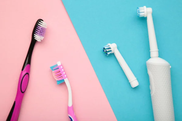 Electric Manual Toothbrush Colorful Background Top View — Stock Photo, Image