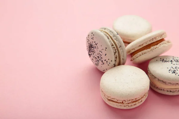 Cake macaron or macaroon on pink background. Space for text. Top view