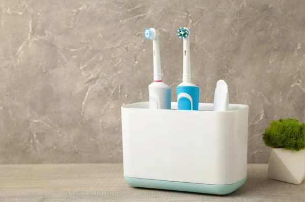 Halter Mit Modernen Elektrischen Zahnbürsten Und Pflanze Auf Grauem Hintergrund — Stockfoto