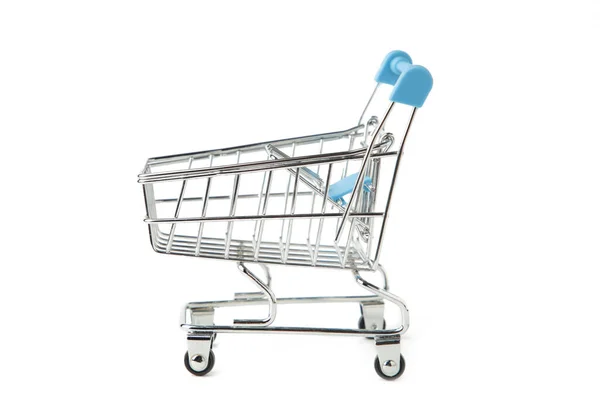 Empty Mini Blue Shopping Cart Trolley Shopping Isolated White Background — Stock Photo, Image