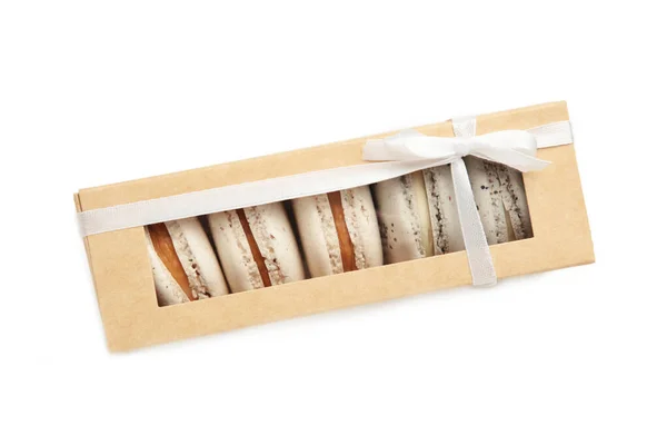 Pastelové Makrónky Krabici Izolované Bílém Pozadí Horní Pohled — Stock fotografie