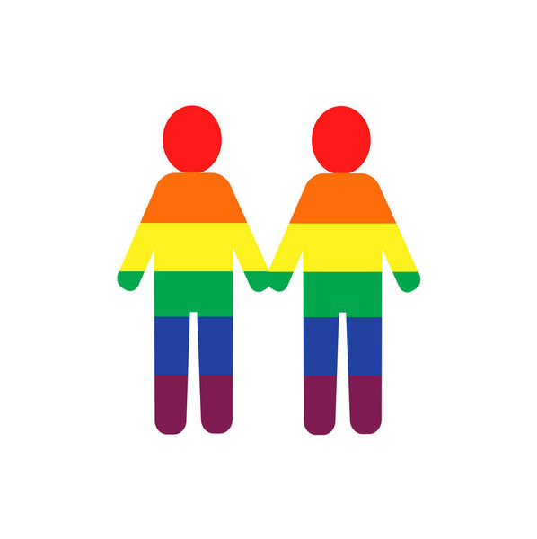 Gay couple holding hands with rainbow color background vector. Top view