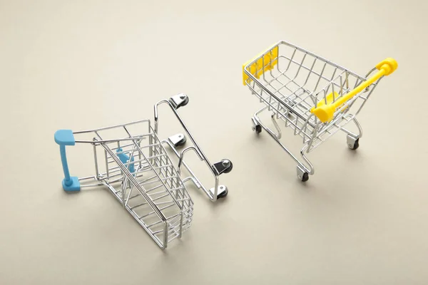 Mini Shopping Trolley Grey Background Space Text — Stock Photo, Image