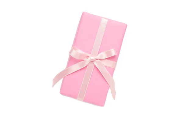Roze Geschenkdoos Met Lint Geïsoleerd Witte Achtergrond Bovenaanzicht — Stockfoto