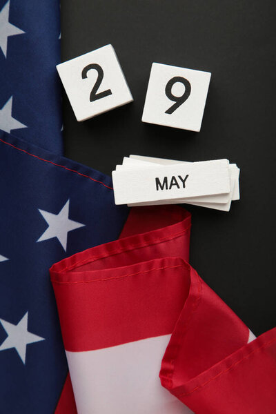 Cube calendar with date 29 May of Memorial Day with USA flag. Top view
