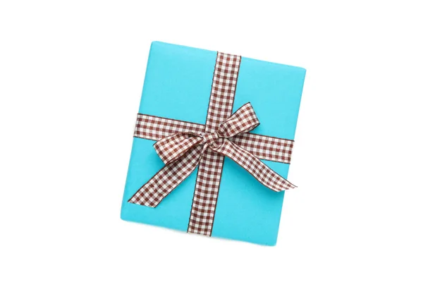 Blauwe Geschenkdoos Met Bruin Lint Geïsoleerd Witte Achtergrond Bovenaanzicht — Stockfoto