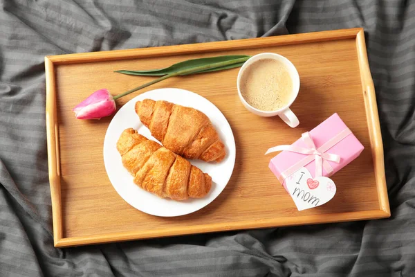 Happy Mother Day Beautiful Breakfast Lunch Cup Coffee Fresh Croissants — Stock Photo, Image