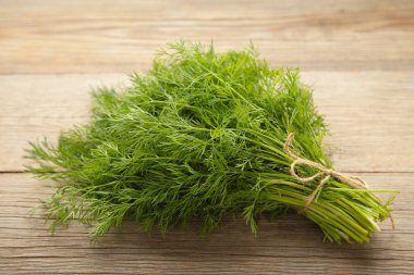 Gri ahşap arka planda bir sürü dereotu. Üst Manzara. Vejetaryenler için yemek. Üst görünüm