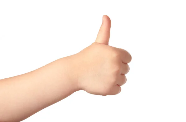 Child Hand Showing Thumb Positive Sign Isolated White Background Top — Stock Photo, Image