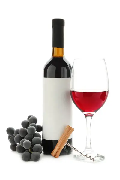 Reife Trauben Weingläser Und Weinflaschen Isoliert Auf Weiß Ansicht Von — Stockfoto