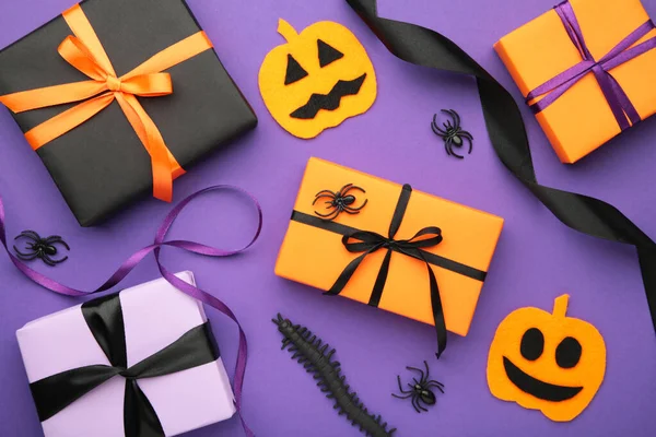 Halloween Lapos Feküdt Narancssárga Fekete Lila Szezonális Papír Kézműves Ajándékdobozok — Stock Fotó