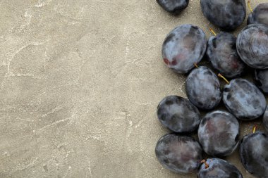 Gri beton arka planda olgun erikler. Sonbahar hasadı. Üst görünüm